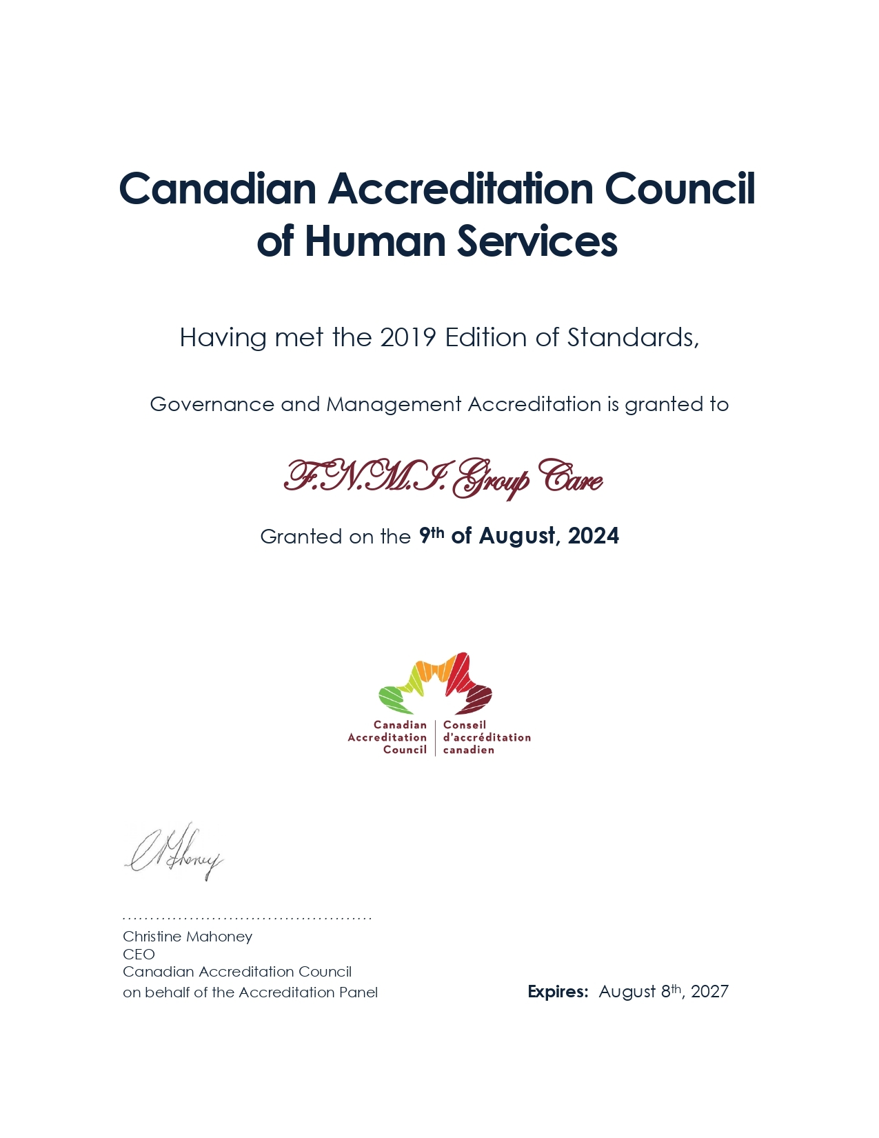 Certificate F.N.M.I. Group Care