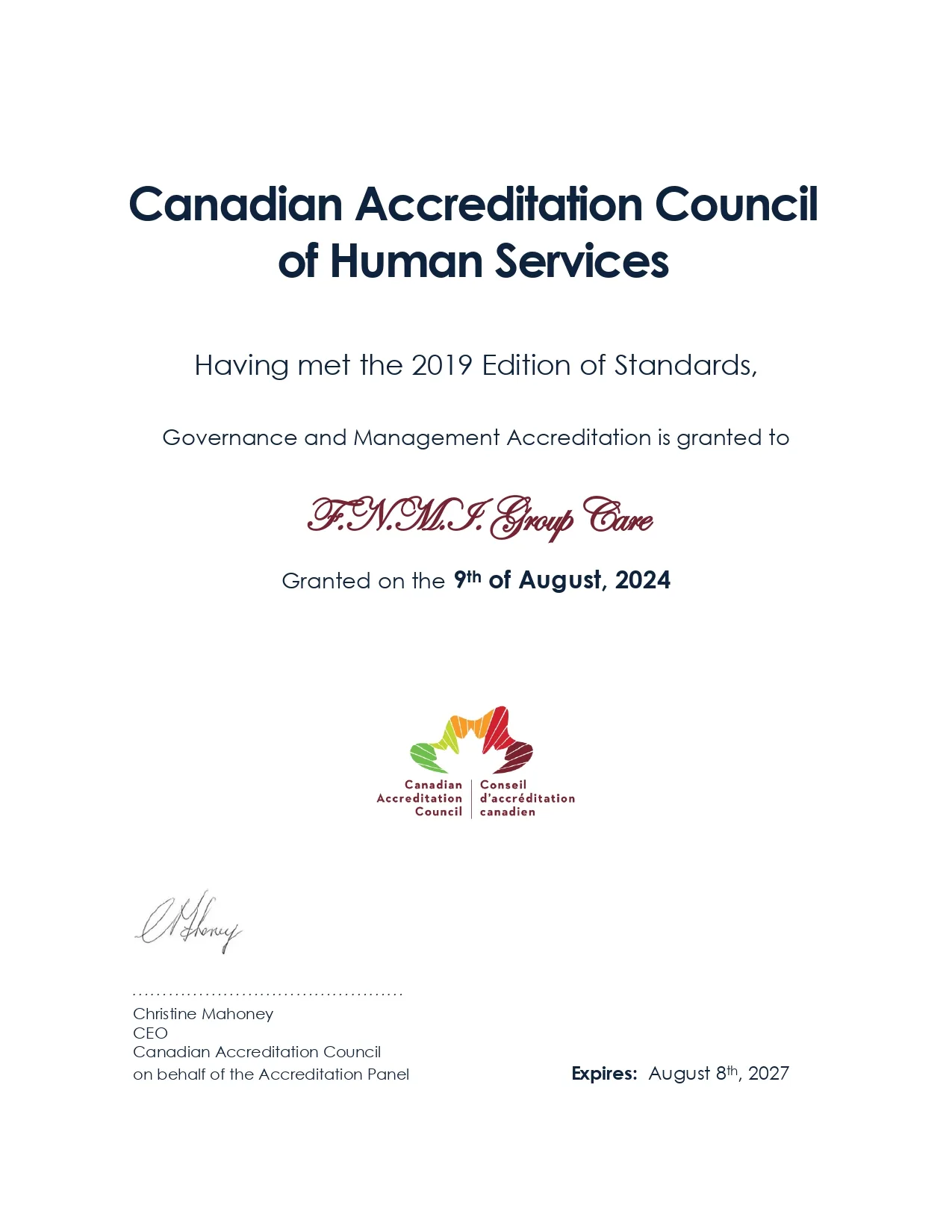 Certificate F.N.M.I. Group Care